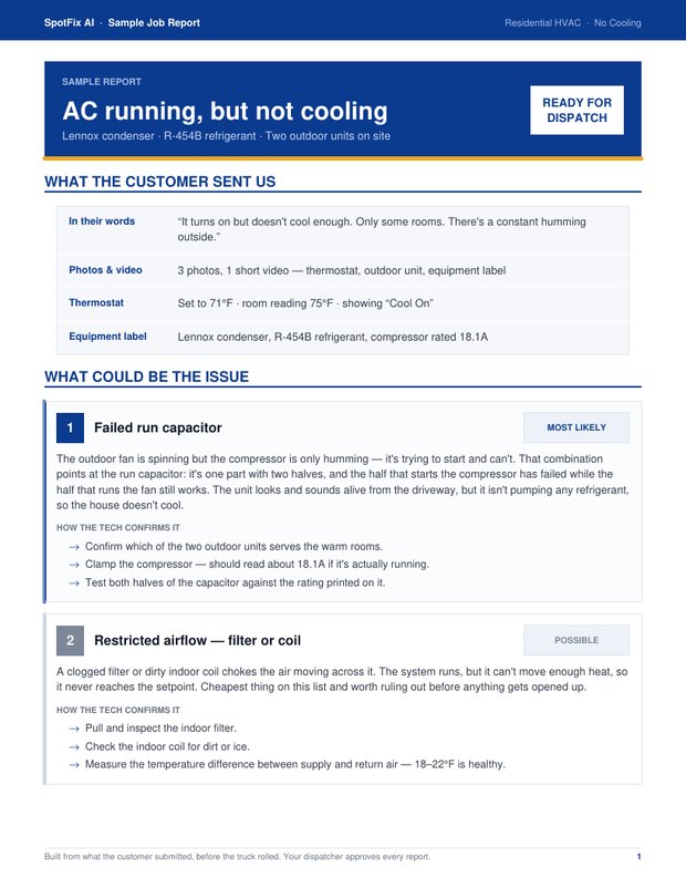 First page of the SpotFix HVAC sample job report