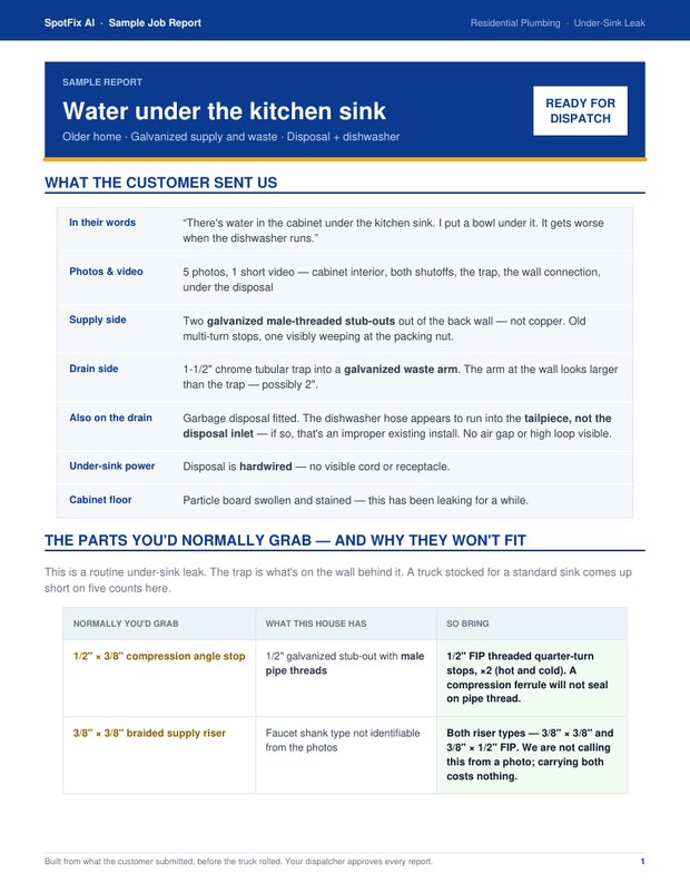 First page of the SpotFix plumbing sample job report